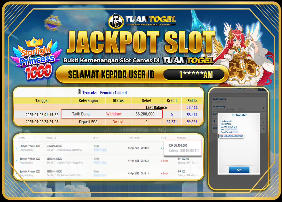 TUANTOGEL JACKPOT SLOT STARLIGHT PRINCESS 1000 Rp36.200.000 LUNAS