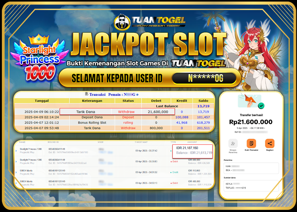 TUANTOGEL JACKPOT SLOT STARLIGHT PRINCESS 1000 Rp21.600.000 LUNAS
