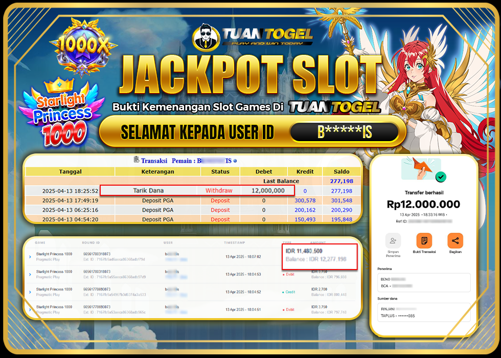 TUANTOGEL JACKPOT SLOT STARLIGHT PRINCESS 1000 Rp12.000.000