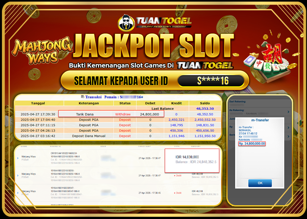TUANTOGEL JACKPOT SLOT MAHJONG WAYS Rp24.800.000