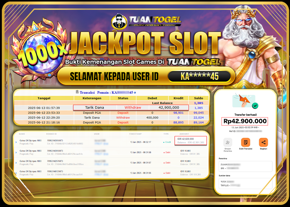 TUANTOGEL JACKPOT SLOT GATES OF OLYMPUS 1000 Rp42.900.000  