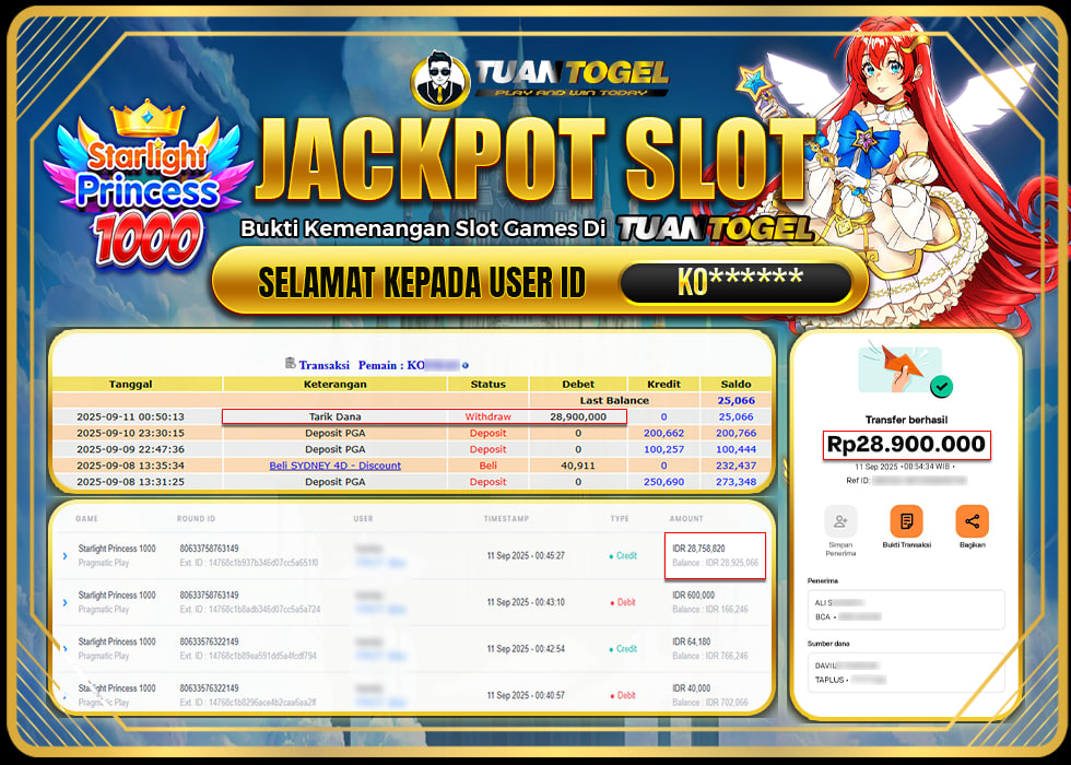 TUANTOGEL JACKPOT SLOT STARLIGHT PRINCESS 1000Rp28.900.000