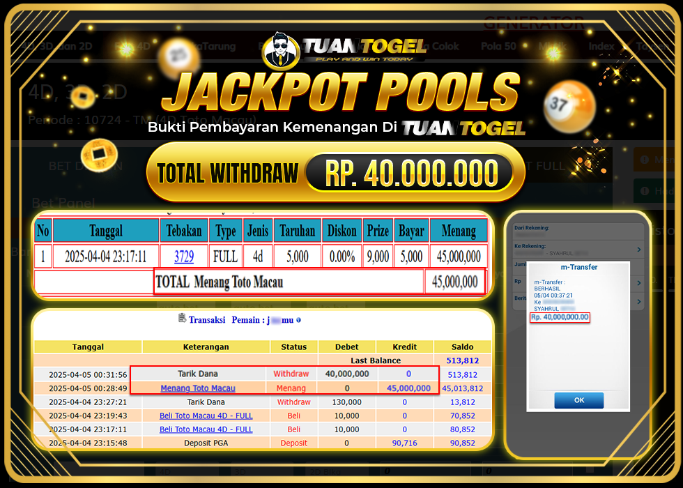 TUANTOGEL JACKPOT TOGEL TOTO MACAU Rp40.000.000. - LUNAS